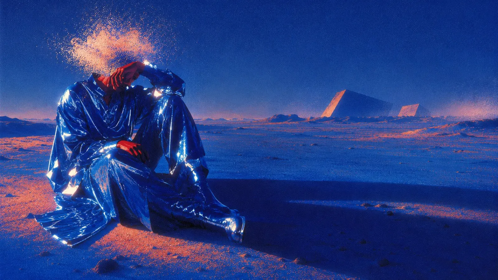 Figure in a chrome suit sitting in a blue desert at dusk